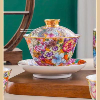 BỘ ẤM CHÉN BÁCH HOA VIỀN VÀNG CAO CẤP